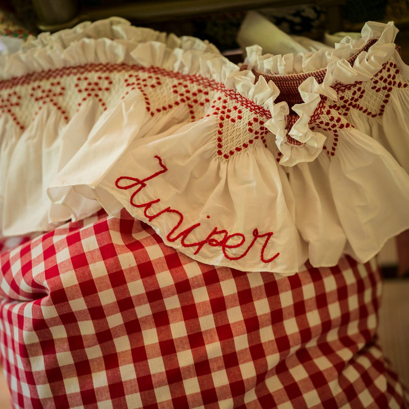 Edit58 x Smock London Red Gingham Sack with Crimson Ribbon Hand Smocking