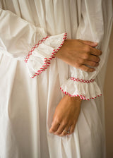 Samantha Varvel x Smock London Women's Nightingale Dress Moonstone White with Candy Cane Trim and Holly Hand Smocking