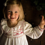 Nightingale Girls Dress Moonstone with Scarlet Bows Hand Smocking