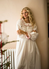 Samantha Varvel x Smock London Women's Nightingale Dress Moonstone White with Candy Cane Trim and Holly Hand Smocking