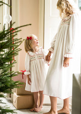 Samantha Varvel x Smock London Women's Nightingale Dress Moonstone White with Candy Cane Trim and Holly Hand Smocking