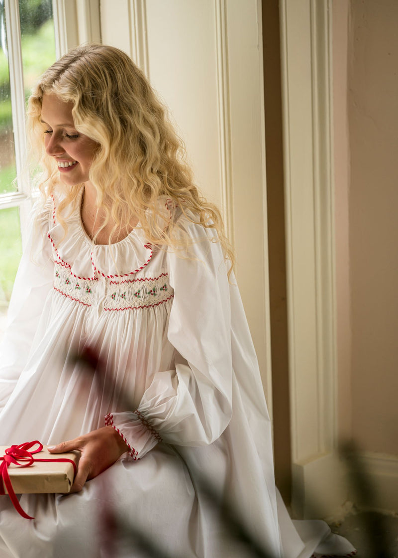 Samantha Varvel x Smock London Women's Nightingale Dress Moonstone White with Candy Cane Trim and Holly Hand Smocking