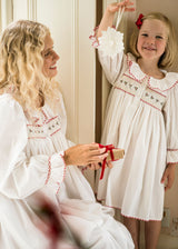 Samantha Varvel x Smock London Women's Nightingale Dress Moonstone White with Candy Cane Trim and Holly Hand Smocking