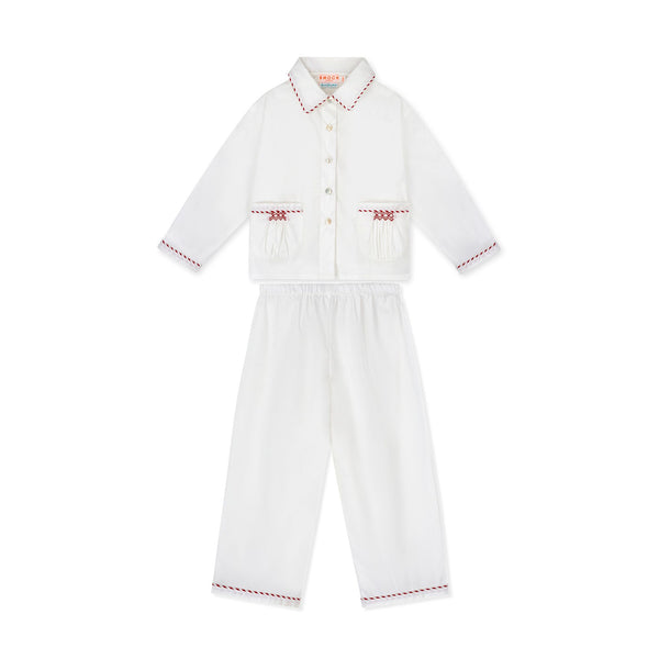 Samantha Varvel x Smock London Lilly Parr Pyjamas Moonstone White with Candy Cane Trim and Hand Smocking