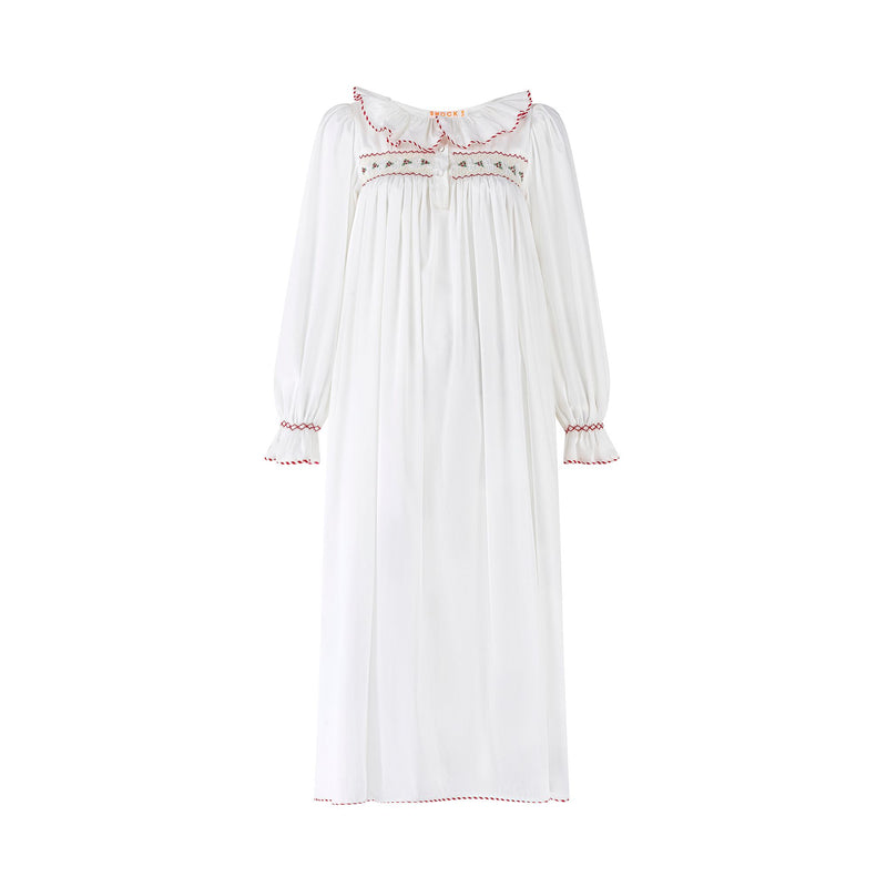 Samantha Varvel x Smock London Women's Nightingale Dress Moonstone White with Candy Cane Trim and Holly Hand Smocking