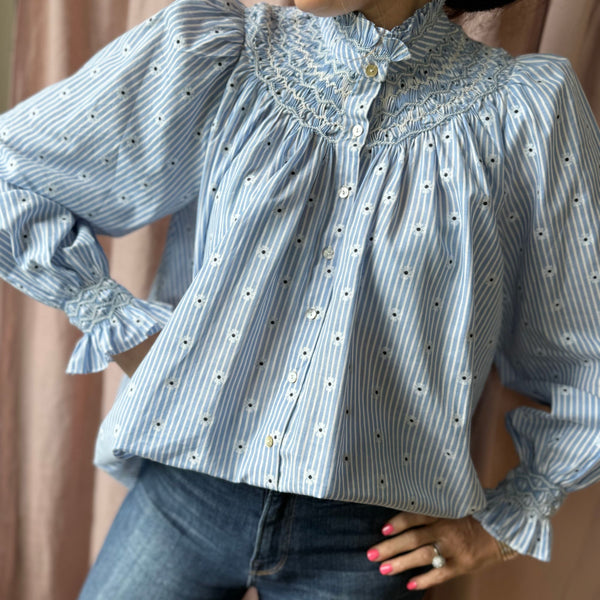 Scholl Blouse Embroidered Daisy Stripe With Denim Dreams Hand Smocking Edition 31