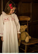 Nightingale Girls Dress Moonstone with Scarlet Bows Hand Smocking