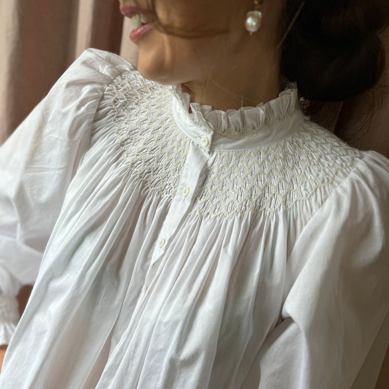 Scholl Women's Blouse White with Ivory Hand Smocking