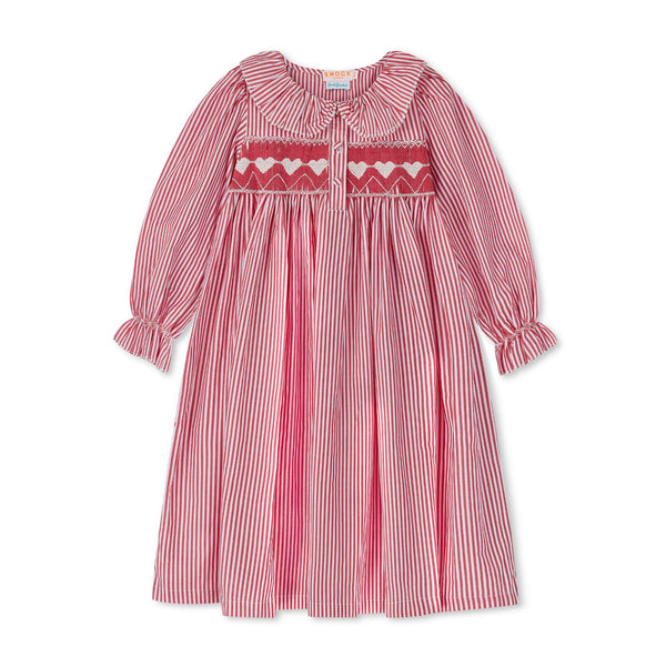 Samantha Varvel x Smock London Nightingale Girl's Dress Gingerbread Stripes with Snow Heart Hand Smocking