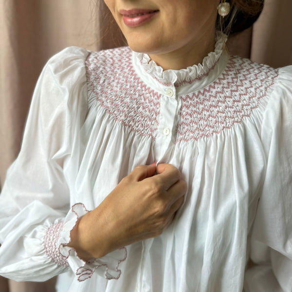 Scholl Women's Blouse White with Kir Royale Hand Smocking