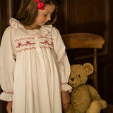 Nightingale Girls Dress Moonstone with Scarlet Bows Hand Smocking