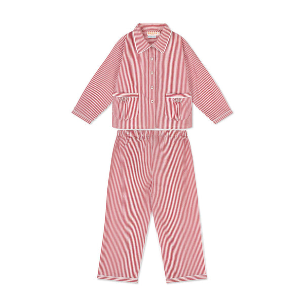 Samantha Varvel x Smock London Lilly Parr Pyjamas Gingerbread Stripes with Snow Trim and Hand Smocking