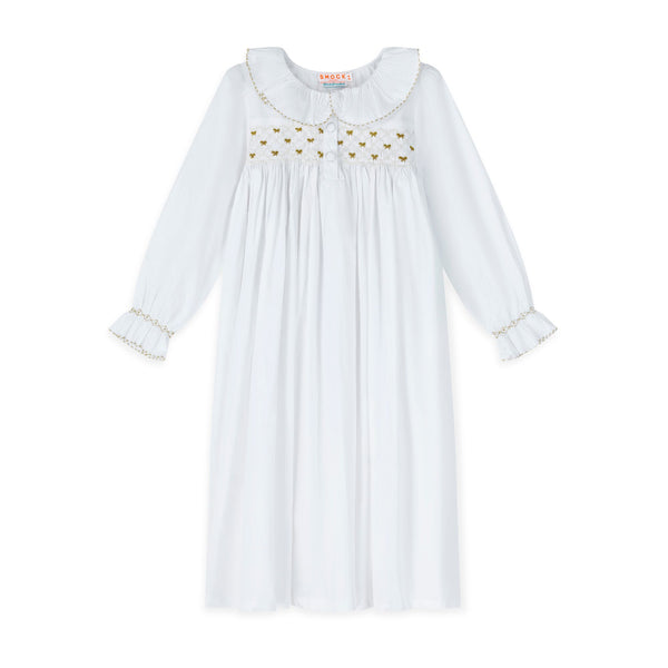 Memo Press x Smock London Nightingale Girls Dress Moonstone with Gold Bows Hand Smocking