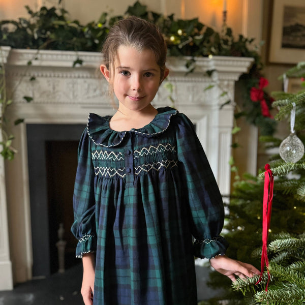 Nightingale Girls Dress Black Watch Tartan With Golden Hearts Hand Smocking