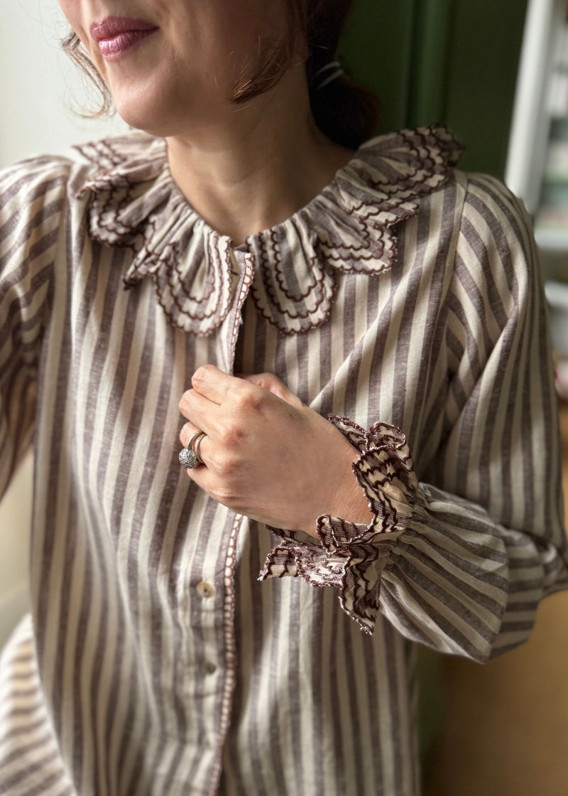 Bronte Blouse Chocolate Stripes with Cacao Embroidery