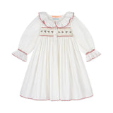 Samantha Varvel x Smock London Nightingale Girls Dress Moonstone White with Candy Cane Trim and Holly Hand Smocking