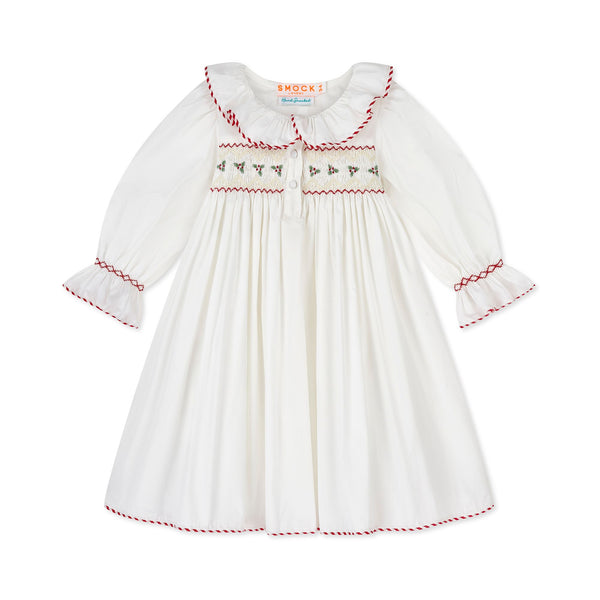 Samantha Varvel x Smock London Nightingale Girls Dress Moonstone White with Candy Cane Trim and Holly Hand Smocking