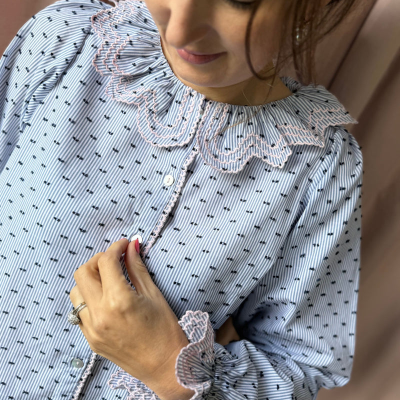 Bronte Blouse Indigo Plumetti with Ballet Slipper Embroidery