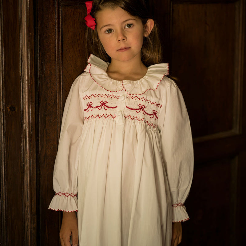 Nightingale Girls Dress Moonstone with Scarlet Bows Hand Smocking