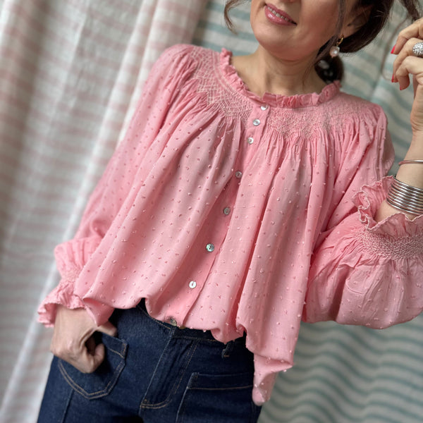 Cleopatra Blouse Dusty Pink Plumetti with Cat Got The Cream Hand Smocking Edition 19