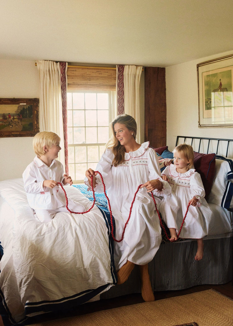 Samantha Varvel x Smock London Nightingale Girls Dress Moonstone White with Candy Cane Trim and Holly Hand Smocking