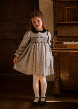 Margaret Thatcher Dress Silver Stitches Linen with Onyx Sparkle Hand Smocking