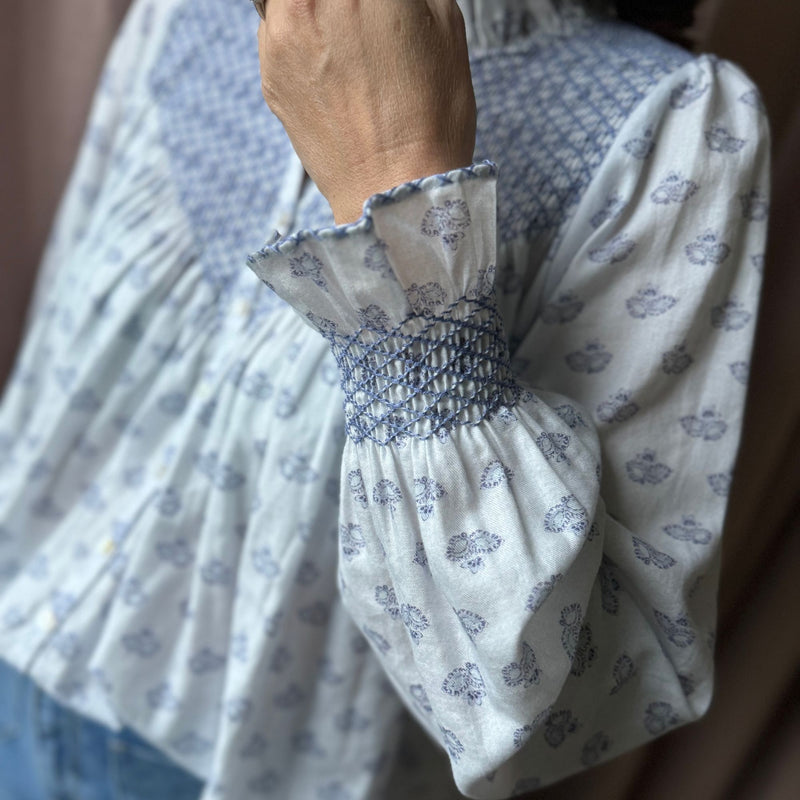 Rosa Parks Blouse Cornflower Paisley Brushed Cotton With Forget Me Not Hand Smocking Edition 7