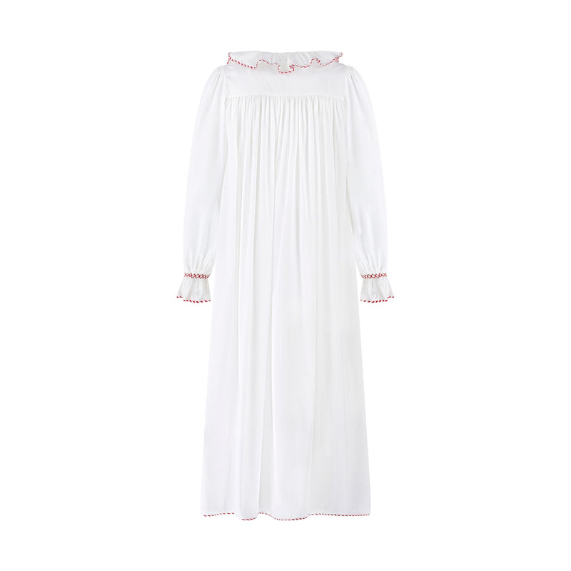 Samantha Varvel x Smock London Women's Nightingale Dress Moonstone White with Candy Cane Trim and Holly Hand Smocking