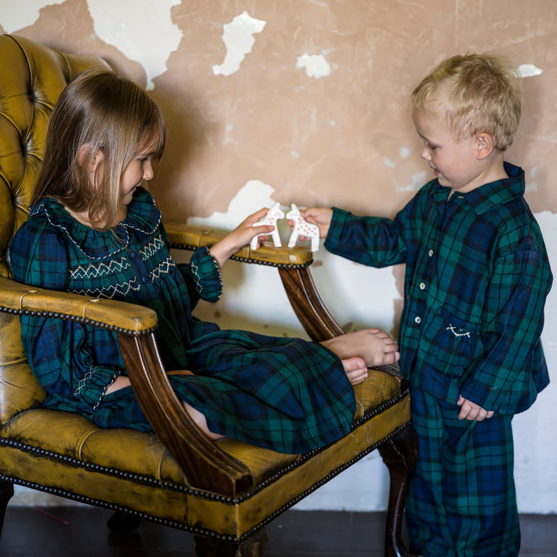 Lilly Parr Pyjamas Black Watch Tartan With Golden Coin Hand Smocking