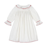 Samantha Varvel x Smock London Nightingale Girls Dress Moonstone White with Candy Cane Trim and Holly Hand Smocking