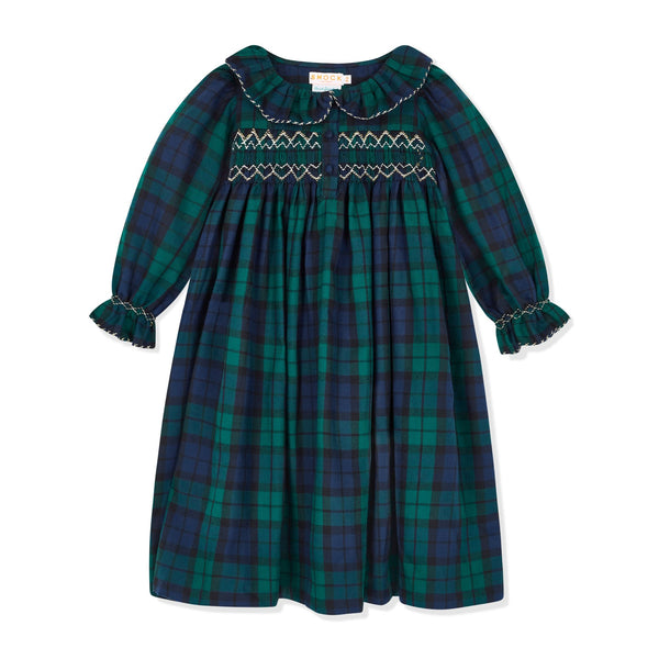 Nightingale Girls Dress Black Watch Tartan With Golden Hearts Hand Smocking