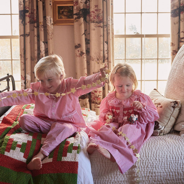 Samantha Varvel x Smock London Lilly Parr Pyjamas Gingerbread Stripes with Snow Trim and Hand Smocking