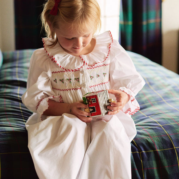 Samantha Varvel x Smock London Nightingale Girls Dress Moonstone White with Candy Cane Trim and Holly Hand Smocking