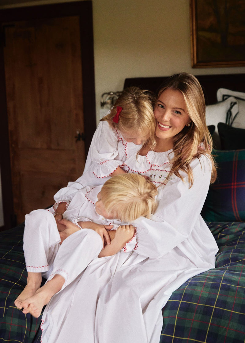 Samantha Varvel x Smock London Lilly Parr Pyjamas Moonstone White with Candy Cane Trim and Hand Smocking