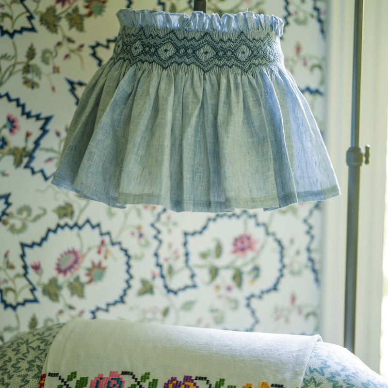 Edit58 x Smock London Elsie Lampshade Skirt Delphinium Cross Stitch with Neptune Hand Smocking