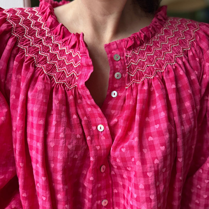 Cleopatra Blouse Loveheart Gingham with Peppermint Swirl Hand Smocking Edition 15