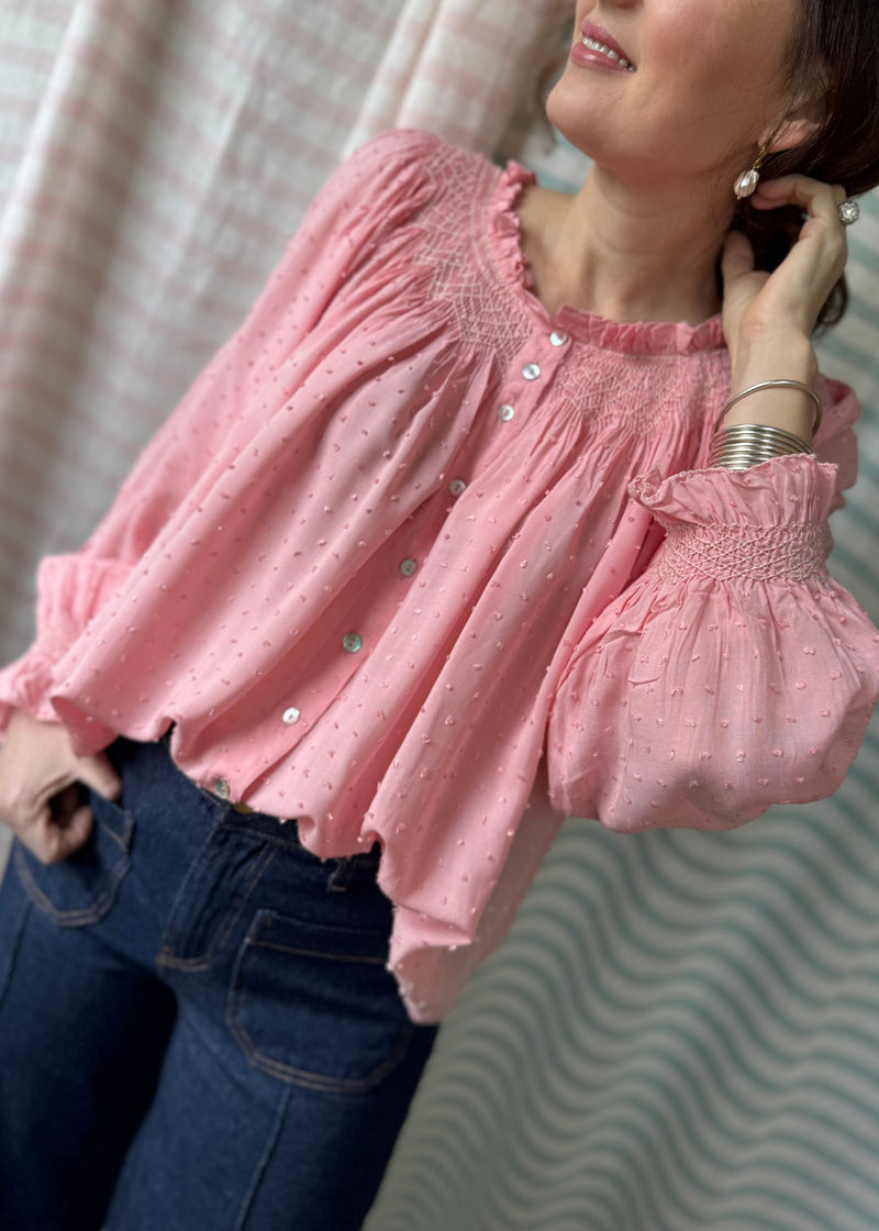 Cleopatra Blouse Dusty Pink Plumetti with Cat Got The Cream Hand Smocking Edition 19