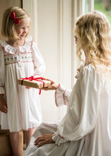 Samantha Varvel x Smock London Nightingale Girls Dress Moonstone White with Candy Cane Trim and Holly Hand Smocking