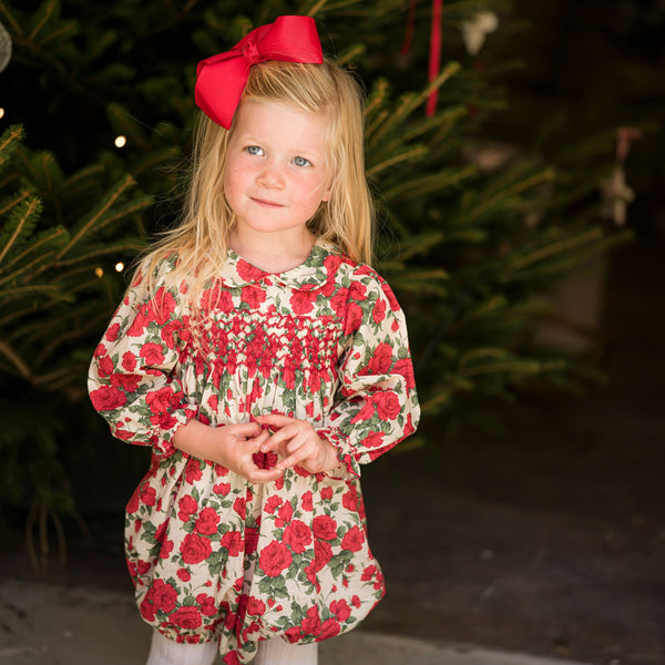 Jane Austen Romper With Crimson Hand Smocking Made With Liberty Carline Rose