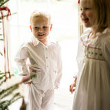 Samantha Varvel x Smock London Lilly Parr Pyjamas Moonstone White with Candy Cane Trim and Hand Smocking