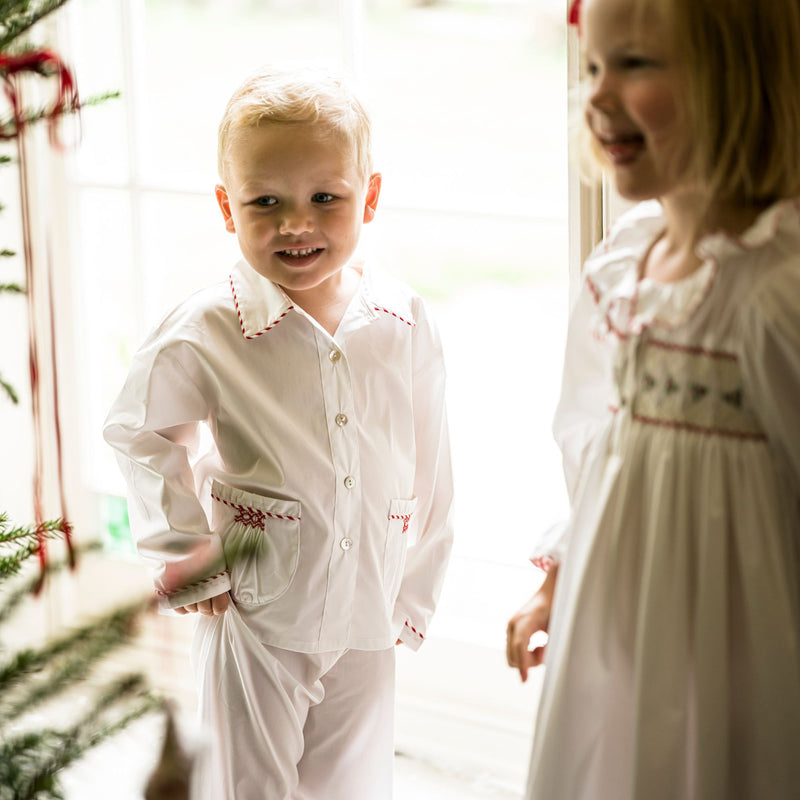 Samantha Varvel x Smock London Lilly Parr Pyjamas Moonstone White with Candy Cane Trim and Hand Smocking