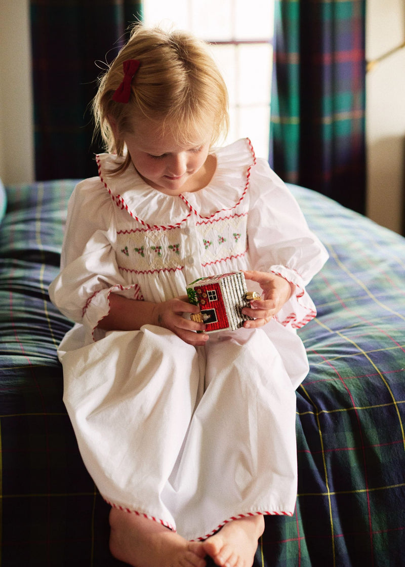 Samantha Varvel x Smock London Nightingale Girls Dress Moonstone White with Candy Cane Trim and Holly Hand Smocking