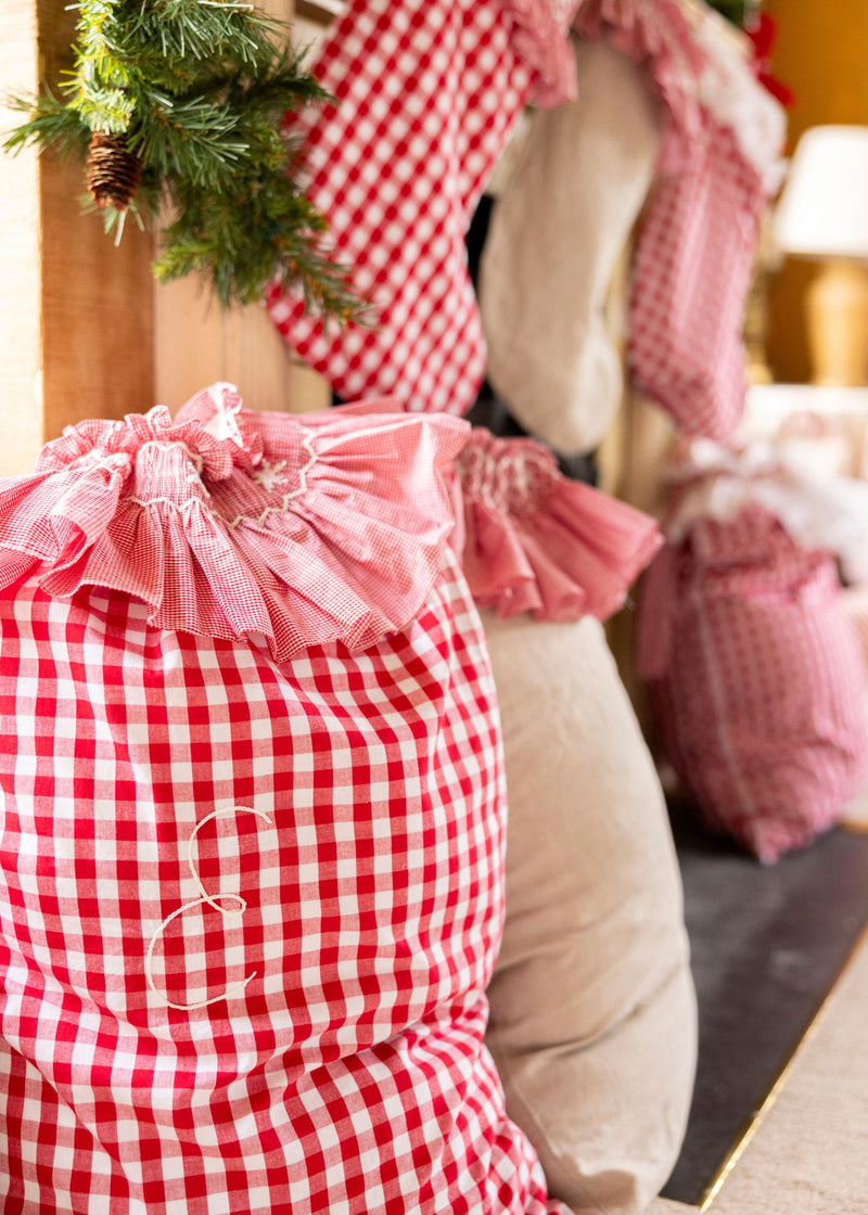 Edit58 x Smock London Red Gingham Sack with Snowflakes Hand Smocking