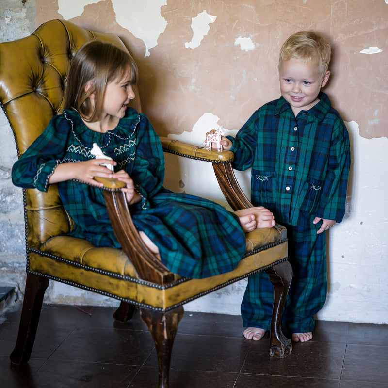 Lilly Parr Pyjamas Black Watch Tartan With Golden Coin Hand Smocking