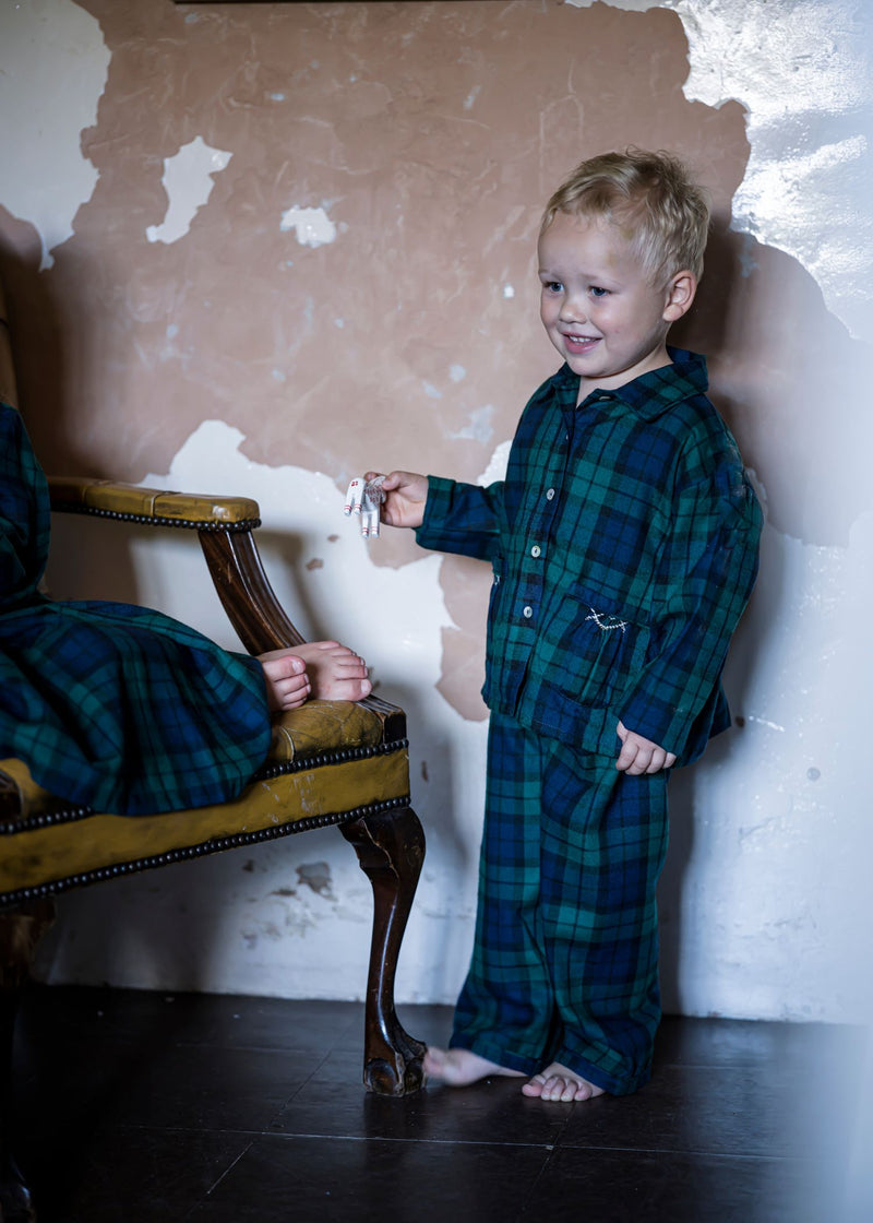 Lilly Parr Pyjamas Black Watch Tartan With Golden Coin Hand Smocking