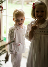 Samantha Varvel x Smock London Lilly Parr Pyjamas Moonstone White with Candy Cane Trim and Hand Smocking