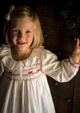 Nightingale Girls Dress Moonstone with Scarlet Bows Hand Smocking