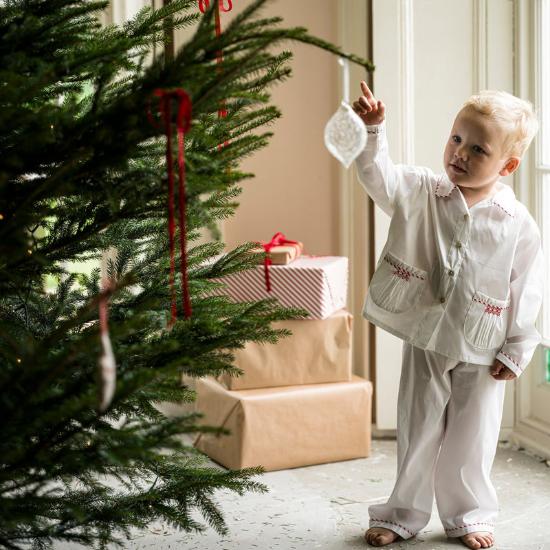 Samantha Varvel x Smock London Lilly Parr Pyjamas Moonstone White with Candy Cane Trim and Hand Smocking