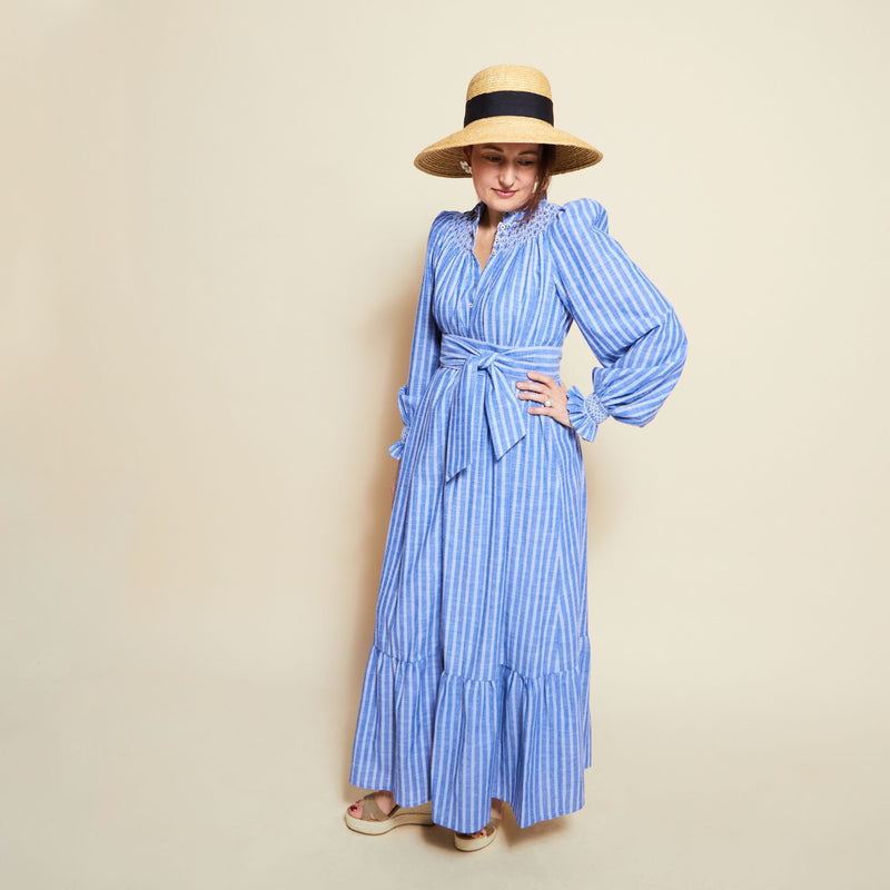 Colette Dress Chambray Stripes with Hot Lips Hand Smocking