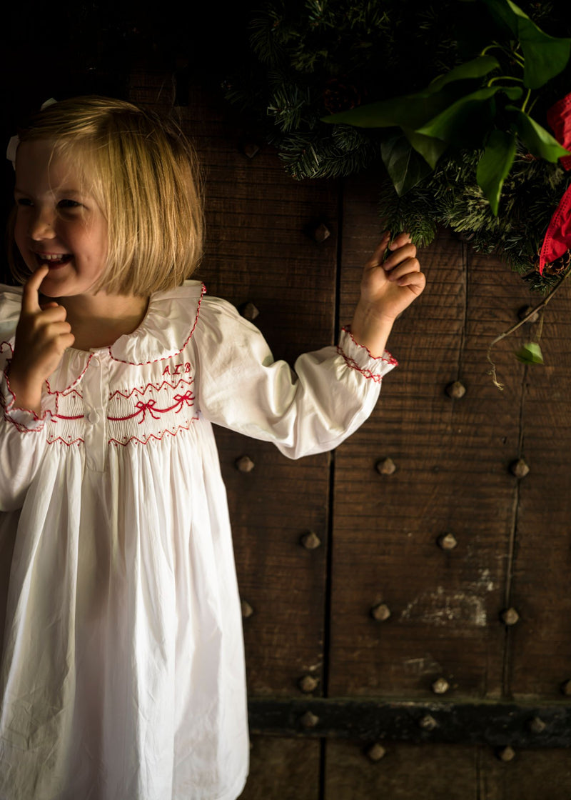 Nightingale Girls Dress Moonstone with Scarlet Bows Hand Smocking